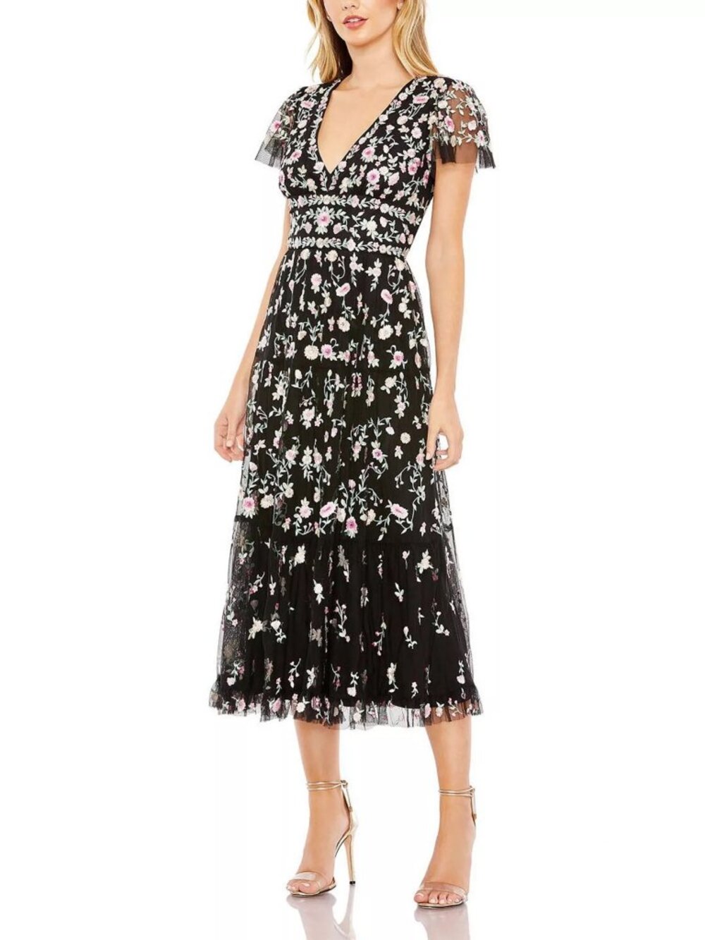 MAC DUGGAL Black Multicolor Embroidered V Neck Cap Sleeve Midi Dress 8 NWOT